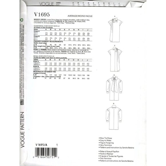 Vogue V1695 Misses All Sizes Sandra Betzina Dress Uncut Sewing Pattern - Picture 2 of 2